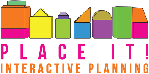Logo for Place It!, an interactive planning organziation that uses model-bulding and art-making as its medium, engaging diverse communities across the country and world in the planning process.